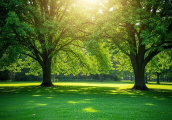 Fototapeta premium Bright sunshine filters through the canopy of large deciduous trees onto a vibrant, expansive green lawn during a perfect summer afternoon, tree, air, environment