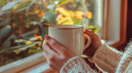 Graceful woman enjoying warm coffee beverage indoors savoring morning moment and relaxation.