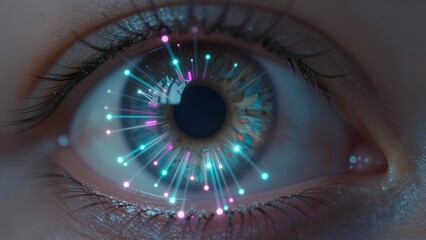 Extreme close up of a human eye with glowing digital light particles radiating from the iris