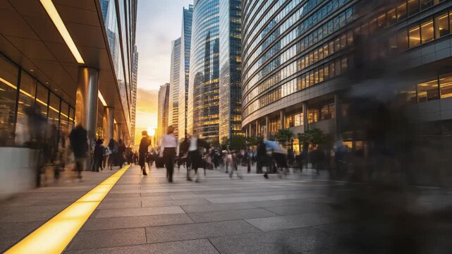 Blurred city pedestrians at sunset