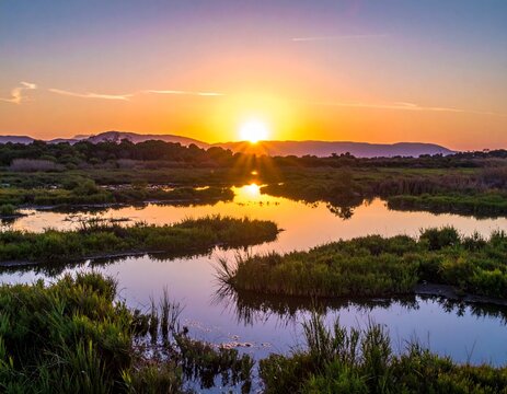 Sunset over a tranquil wetland with reflections and vibrant colors in the sky.