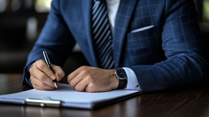 Professional businessman in suit diligently writing important notes on paper strategic planning business documentation executive task focus.