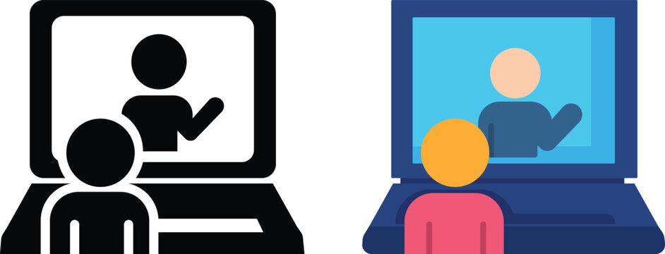 Online learning visual set combining silhouette and flat elements of laptop with teacher avatar