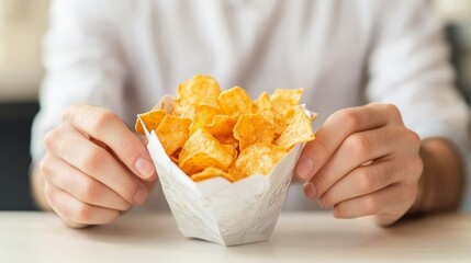 Delicious crunchy savory chips in bowl held by person for snack time enjoyment enjoying crispy chips in bowl perfect snack for any occasion delicious treat.