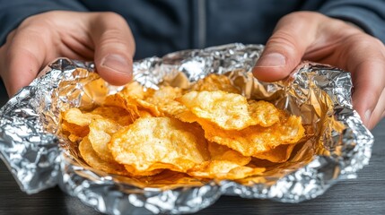 Person enjoying delicious crunchy potato chips in bowl perfect snack moment person holds crunchy potato chips in bowl perfect snack for enjoyment.