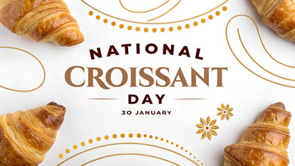 Vintage retro food poster design featuring a croissant on white background with coffee and donut icons for a cafe menu label frame