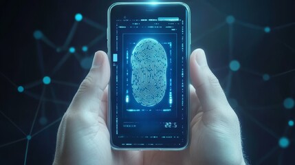 Close up of hand holding smartphone displaying biometric fingerprint for secure access authentication.