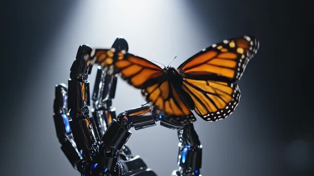 A robotic hand gently holds a beautiful monarch butterfly in a spotlight