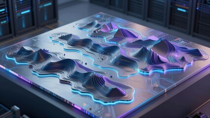 Futuristic topographic landscape with glowing neon blue and purple accents on a circuit board texture