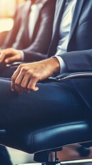 Professional businessman in elegant tailored suit sitting calmly on chair posing with poise.