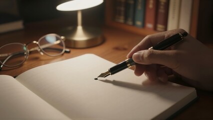 A hand holding a fountain pen poised above an open notebook with glasses nearby