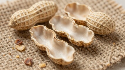 Close up of empty peanut shells and a whole peanut scattered on a textured burlap surface
