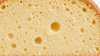 Close up view of a slice of golden brown bread with a porous texture and crust