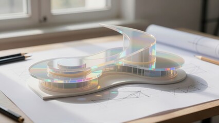 Architectural model with iridescent acrylic layers sits on blueprints with pencils