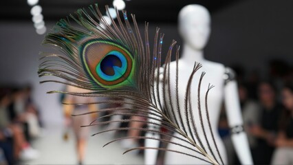 Close up of a vibrant peacock feather with iridescent blue sparkles in front of a blurred mannequin