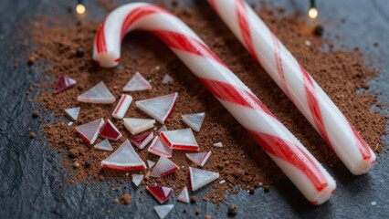 Two red and white striped candy canes with broken candy pieces scattered on cocoa powder