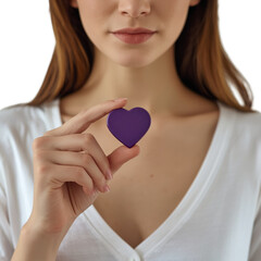 A woman holding a purple heart cutout close to her chest in a gesture of love or kindness on transparent background
