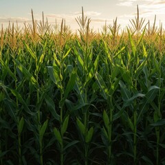 Obraz premium Golden sunlight illuminates dense green rows of tall maize plants reaching toward the warm summer sky, symbolizing growth and harvest time, green, warm, farmland