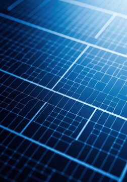 Macro view of a silicon photovoltaic cell surface showing blue and black crystalline lattice patterns used for generating clean renewable electricity, electricity, alternative, PV