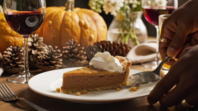 Pumpkin pie slice with whipped cream