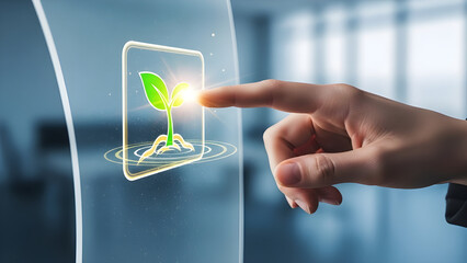 Hand touching a digital growth icon on a glowing screen, symbolizing financial progress, innovation, data insight, and modern technology. Concept of digital growth, future technology interaction.