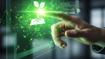 Hand touching a digital growth icon on a glowing screen, symbolizing financial progress, innovation, data insight, and modern technology. Concept of digital growth, future technology interaction.