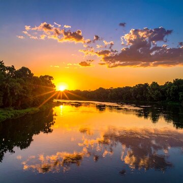 Vibrant Sunset over Tranquil River Reflecting Sky and Clouds