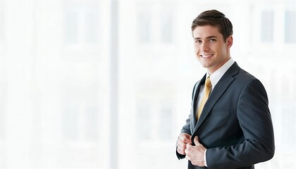 Fototapeta premium Young businessman adjusting jacket in bright office
