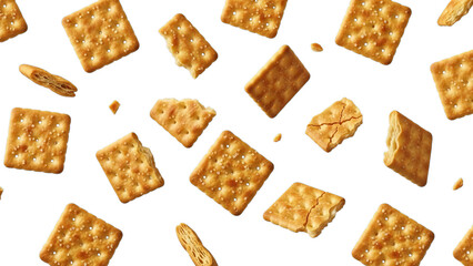 Scattered Golden Crackers and Crumbs Falling Against White Background - Food Photography