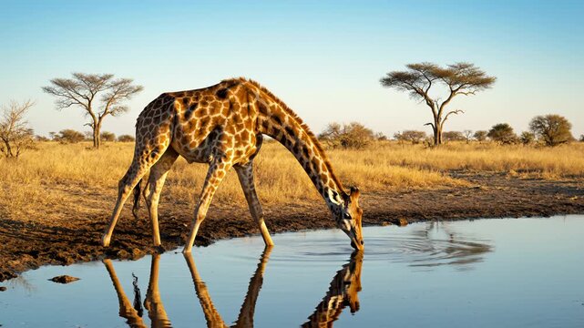 Giraffe drinking water in savanna