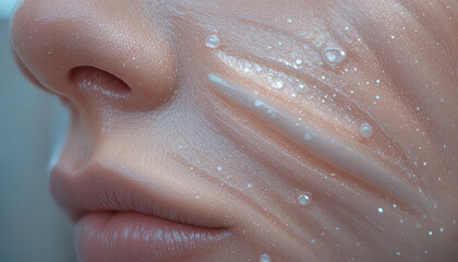 Obraz premium Extreme captures skin texture overlaid with shimmering cosmetic product and moisture droplets.