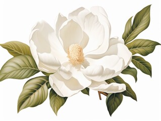 Elegant botanical illustration of a white magnolia blossom with lush green leaves, finely detailed and isolated on a white background, conveying timeless beauty, purity, and classic floral elegance.