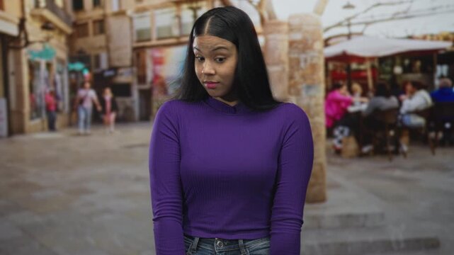 Woman in purple top and jeans clutch chest on quiet cobblestone street by stone building; health anxiety.