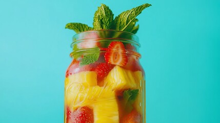 Refreshing fruit infusion in a mason jar against a vibrant blue backdrop