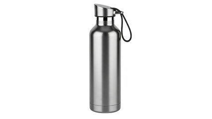 Sleek Stainless Steel Water Bottle with Carry Loop, Isolated on White Background