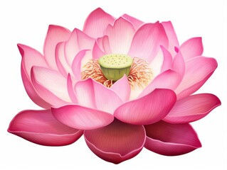 Detailed botanical illustration of a blooming pink lotus flower with layered petals and central seed pod, isolated on white, symbolizing purity, beauty, and serenity in nature.