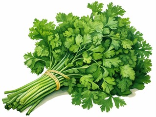 Detailed botanical illustration of fresh parsley bunch tied with stems, isolated on white, representing culinary herbs, organic food, and healthy cooking ingredients.