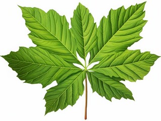 Detailed watercolor botanical illustration of a horse chestnut leaf with vibrant green leaflets, isolated on white, representing nature, botany, and seasonal foliage.