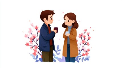A cartoon couple stands outdoors among pink blossoms, chatting and holding warm drinks in cozy coats. Warm day
