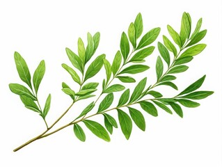 Elegant watercolor botanical illustration of bay laurel leaves on branch, isolated on white, representing culinary herbs, natural seasoning, and Mediterranean plants.