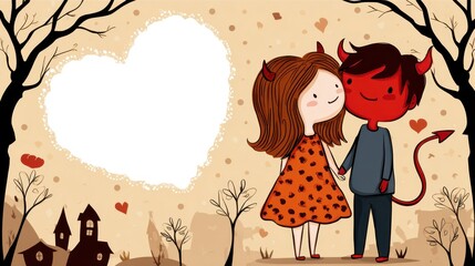 Whimsical cartoon couple a girl in an orange dress and a red-skinned devil boy with horns, holding hands. yay