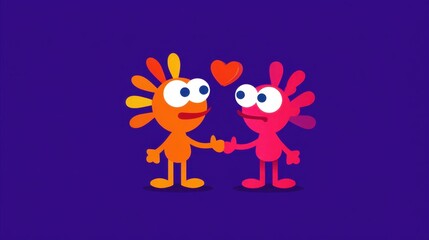 Two colorful cartoon monsters stand on a purple gradient, holding hands with a small heart between them. Joy!!