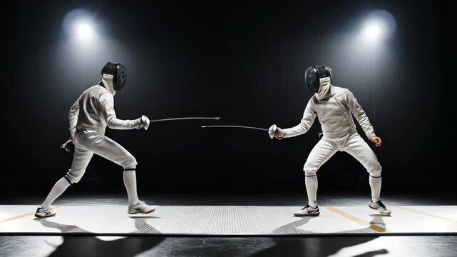 Two fencers in white gear on a black background