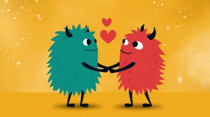 Two fuzzy cartoon creatures, teal and red, smile, holding hands with hearts against a warm yellow backdrop )!