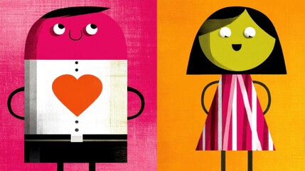 Two cheerful, blocky cartoon characters stand together! against pink and orange backgrounds, hearts on chests
