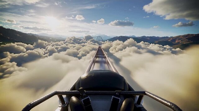 POV of a high-speed roller coaster track plunging through thick white clouds over mountains under a blue sky. Epic cinematic amusement park thrill.