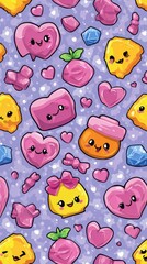 Playful seamless pattern with kawaii faces on pink hearts and yellow fruits on a purple polka-dotish backdrop