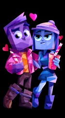 Two cube shaped characters, purple-toned and blue, lean together in a warm embrace under floating pink hearts!