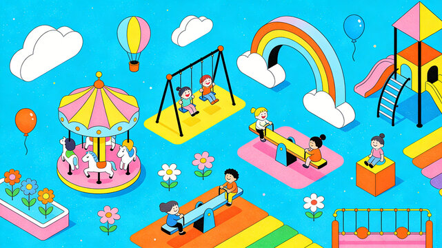 Children's Fun Park 2.5D Isometric View Fantasy Amusement Park