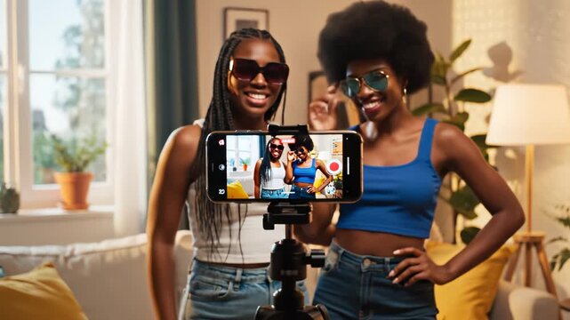 Two women taking a selfie in a living room